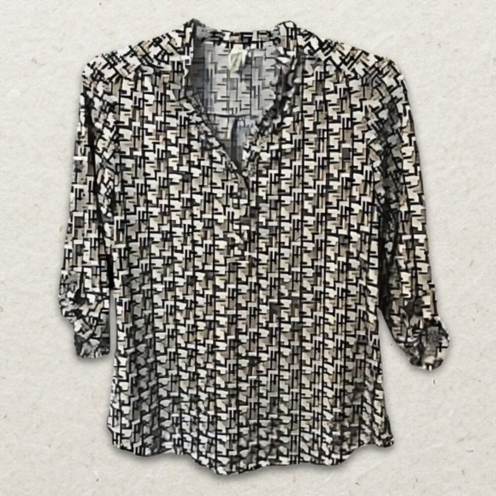 PerSeption Concept Blouse Roll Tab Sleeves Geometric Print Black/White Women's L